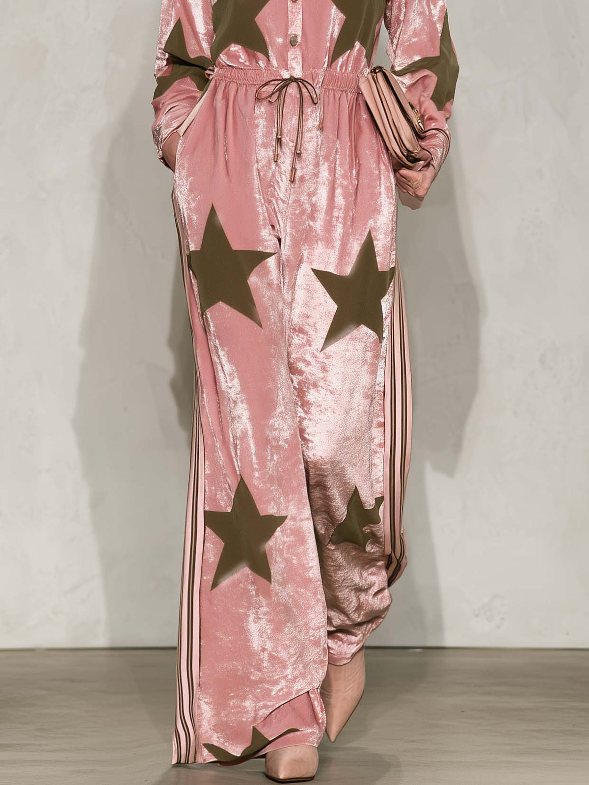 Western Retro Pink Velvet Star Print Wide Leg Jumpsuit Drawstring Button Front