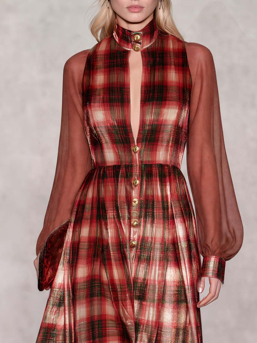 Victorian Vintage Red Plaid Velvet Maxi Dress Sheer Chiffon Sleeve Button Front