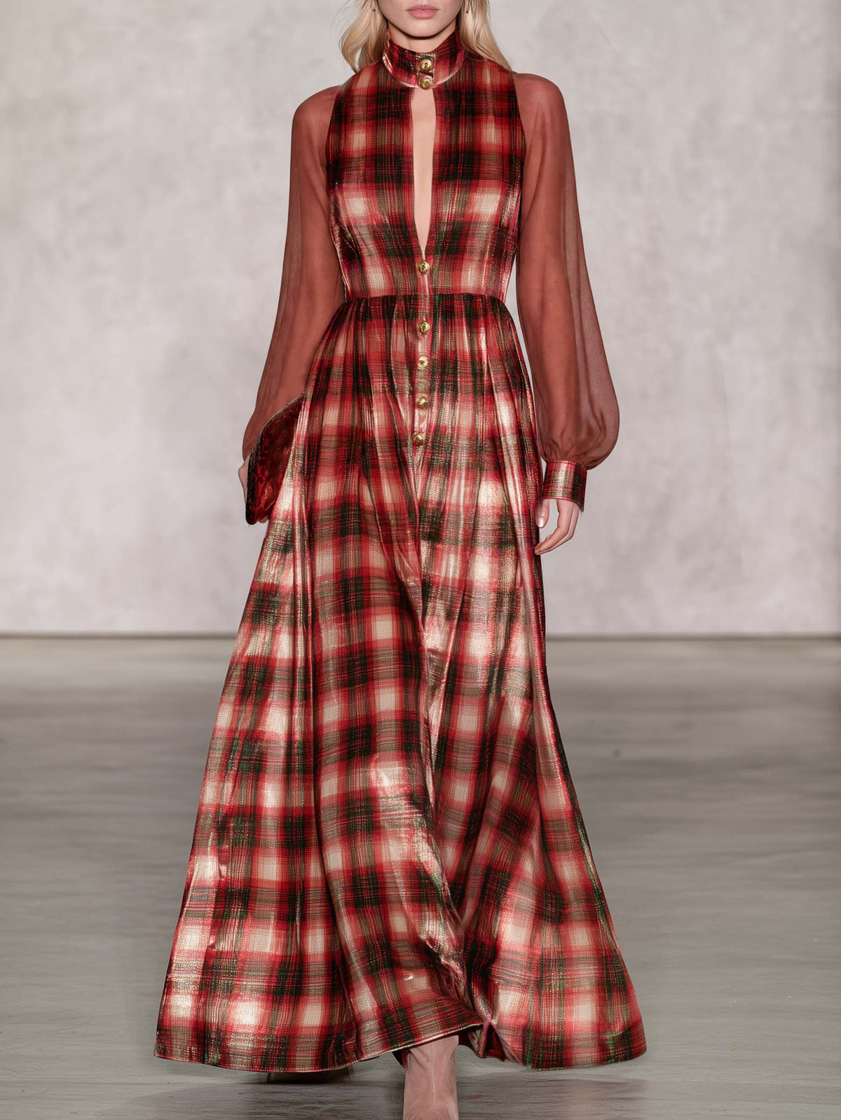 Victorian Vintage Red Plaid Velvet Maxi Dress Sheer Chiffon Sleeve Button Front