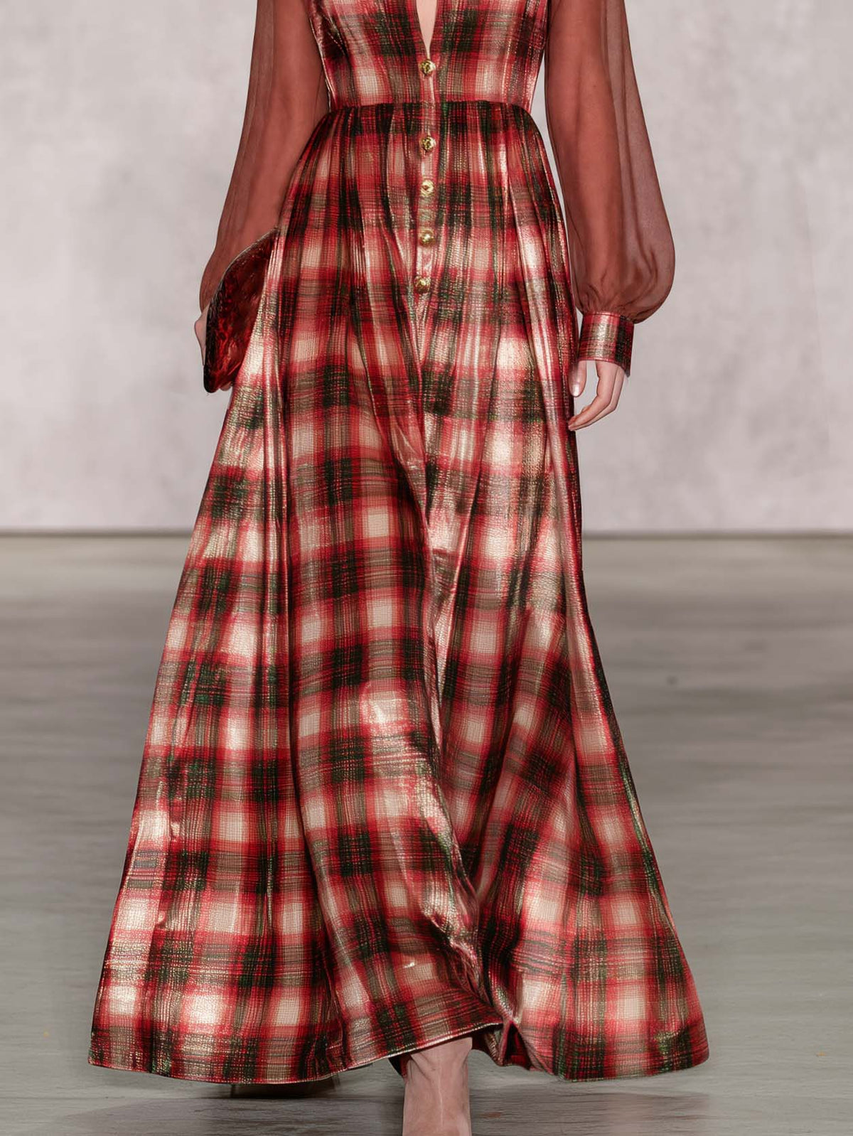 Victorian Vintage Red Plaid Velvet Maxi Dress Sheer Chiffon Sleeve Button Front