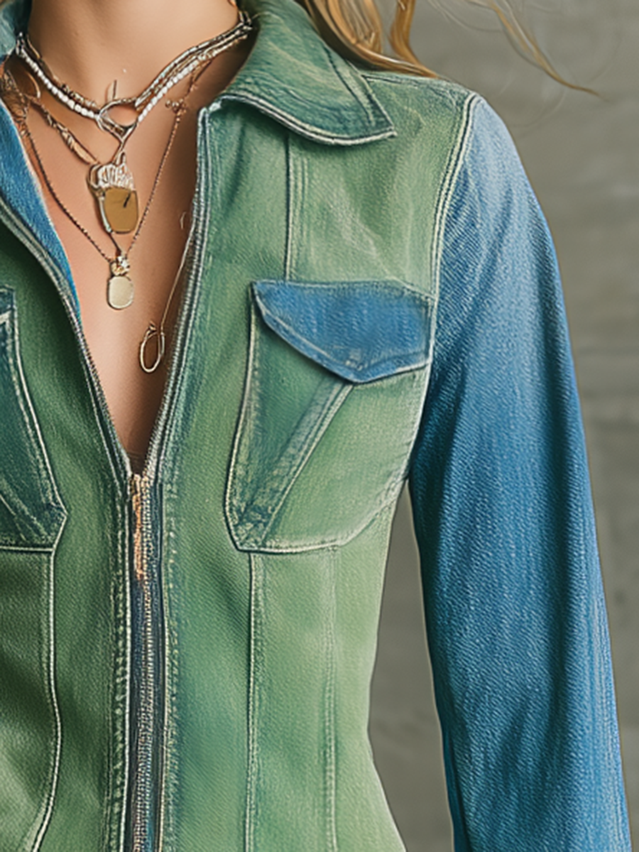 Two-Tone Denim Shirt Dress With Zip Front, Utility Pockets, And Raw Hem