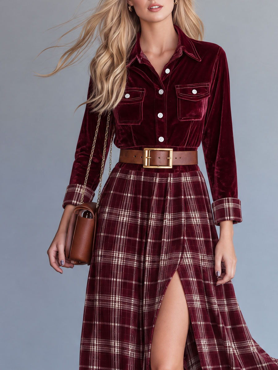 Retro Casual Plaid Print Red Velvet Lapel Slit Velvet Maxi Dress