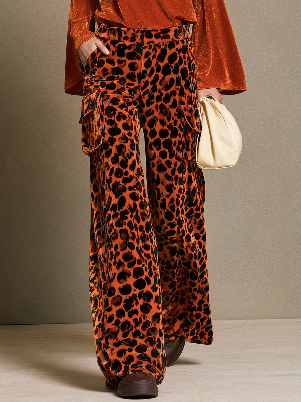 Stylish High-Neck Orange Velvet Long-Sleeved Pumpkin Leopard Print Cargo Pants Set
