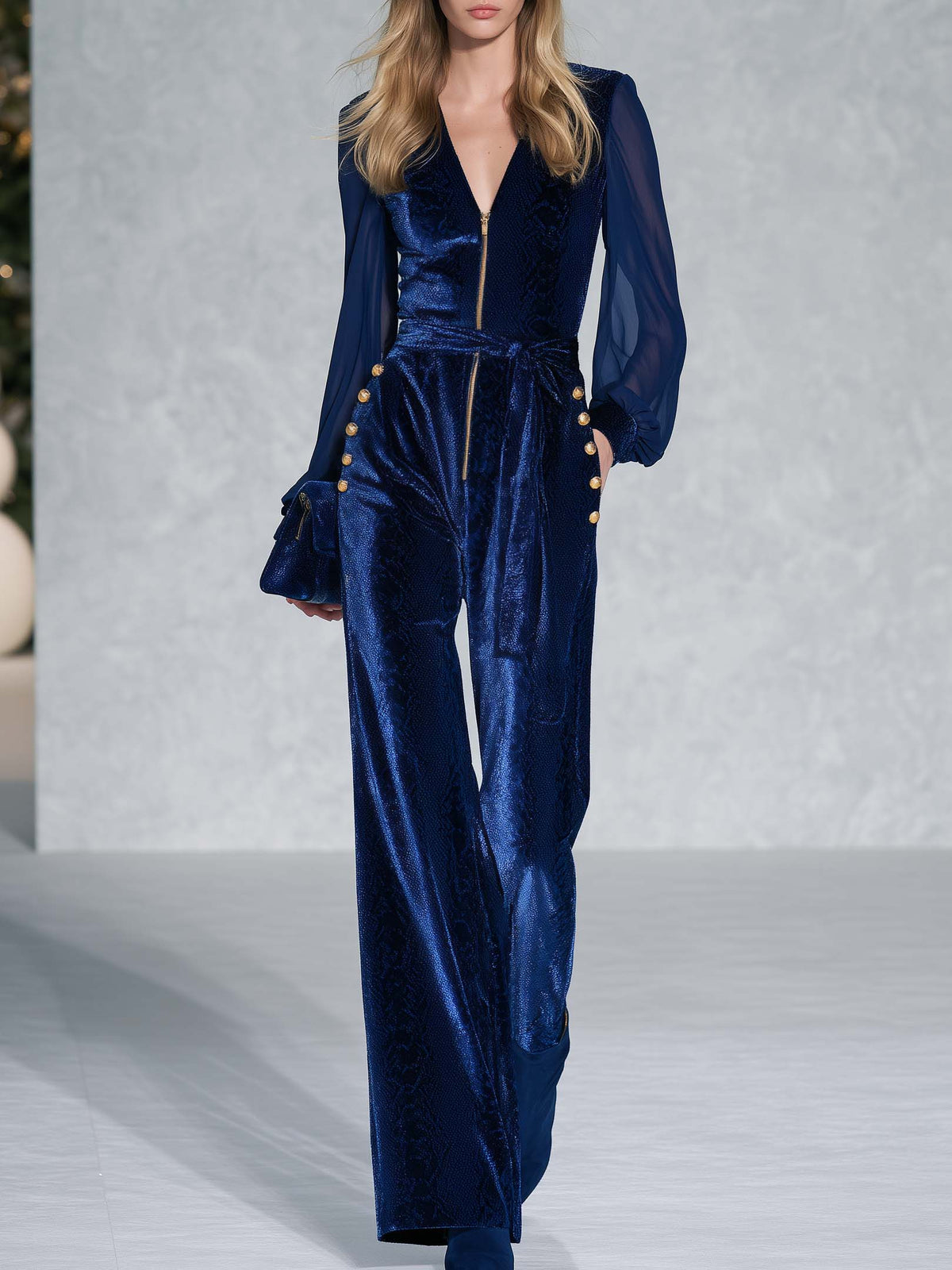 Retro Dark Blue Velvet Wide Leg Jumpsuit Sheer Chiffon Sleeve Gold Zip