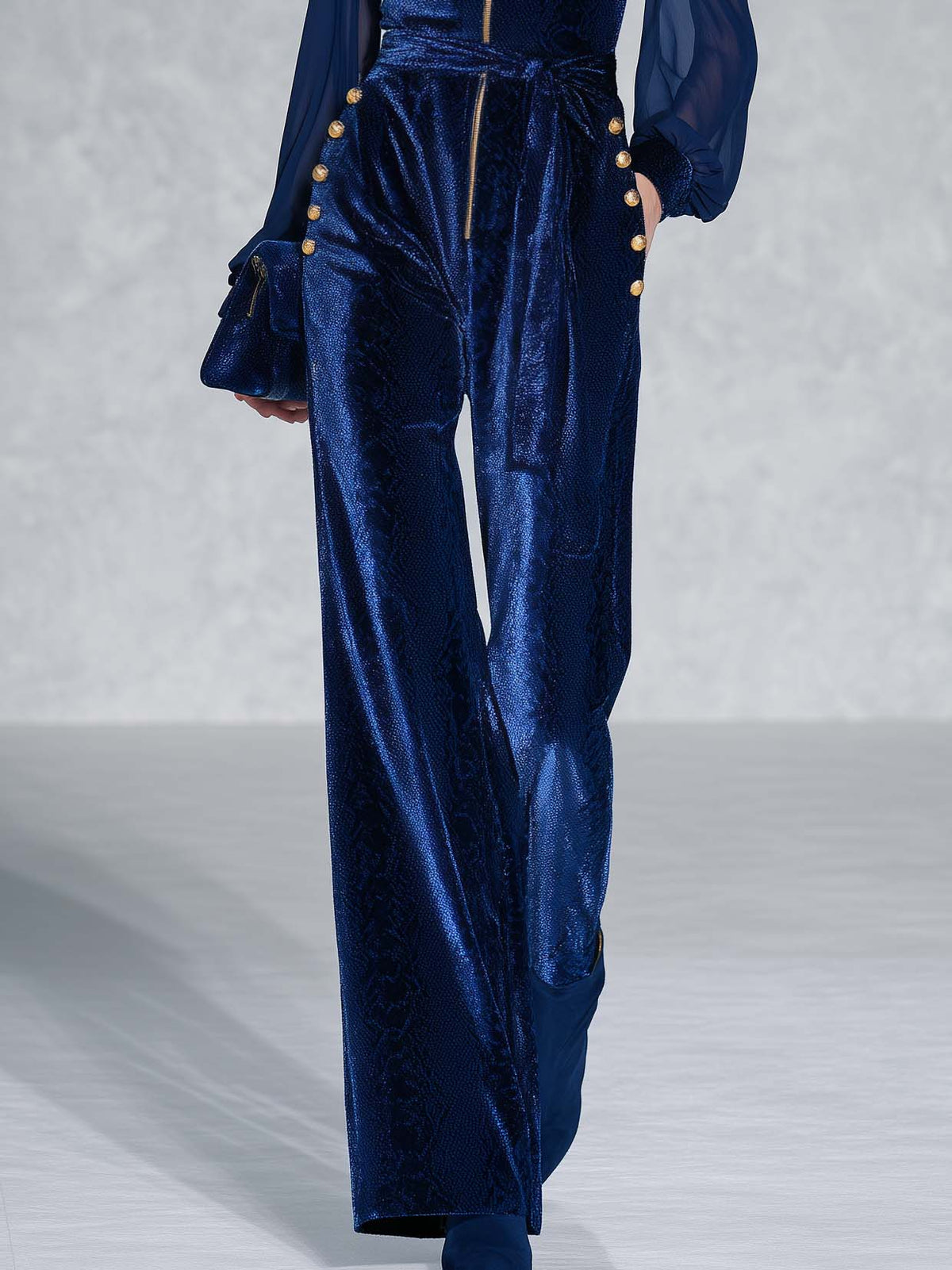Retro Dark Blue Velvet Wide Leg Jumpsuit Sheer Chiffon Sleeve Gold Zip