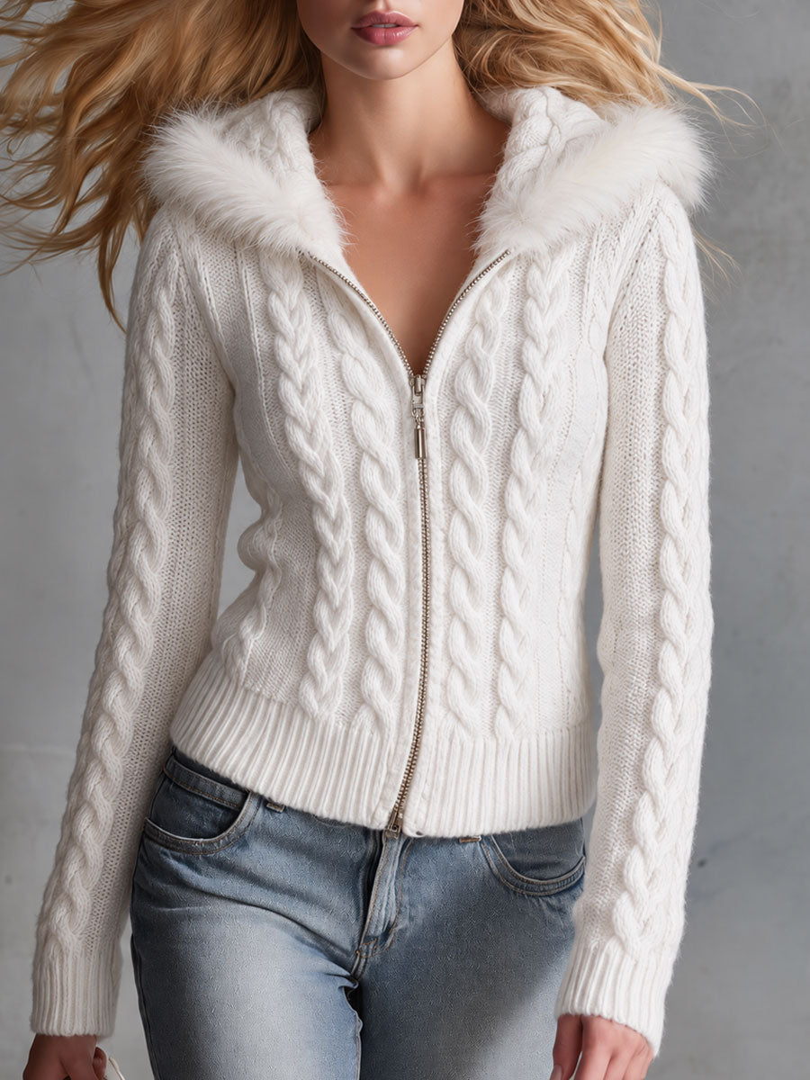 Retro Elegant White Faux Fur-Trimmed Hooded Cable Knit Zip-Up Cardigan