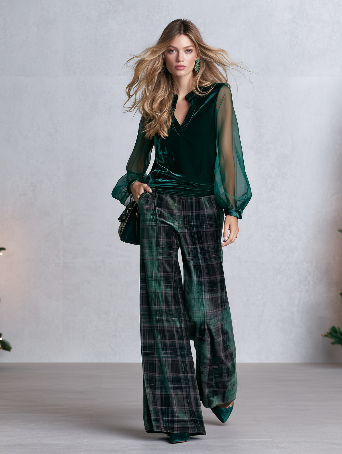 Vintage-style Green Sheer-sleeve Blouse And Plaid Wide-leg Trousers Velvet Set