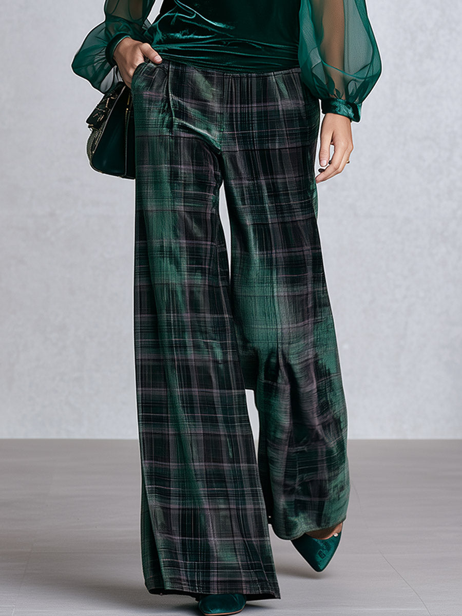Vintage-style Green Sheer-sleeve Blouse And Plaid Wide-leg Trousers Velvet Set