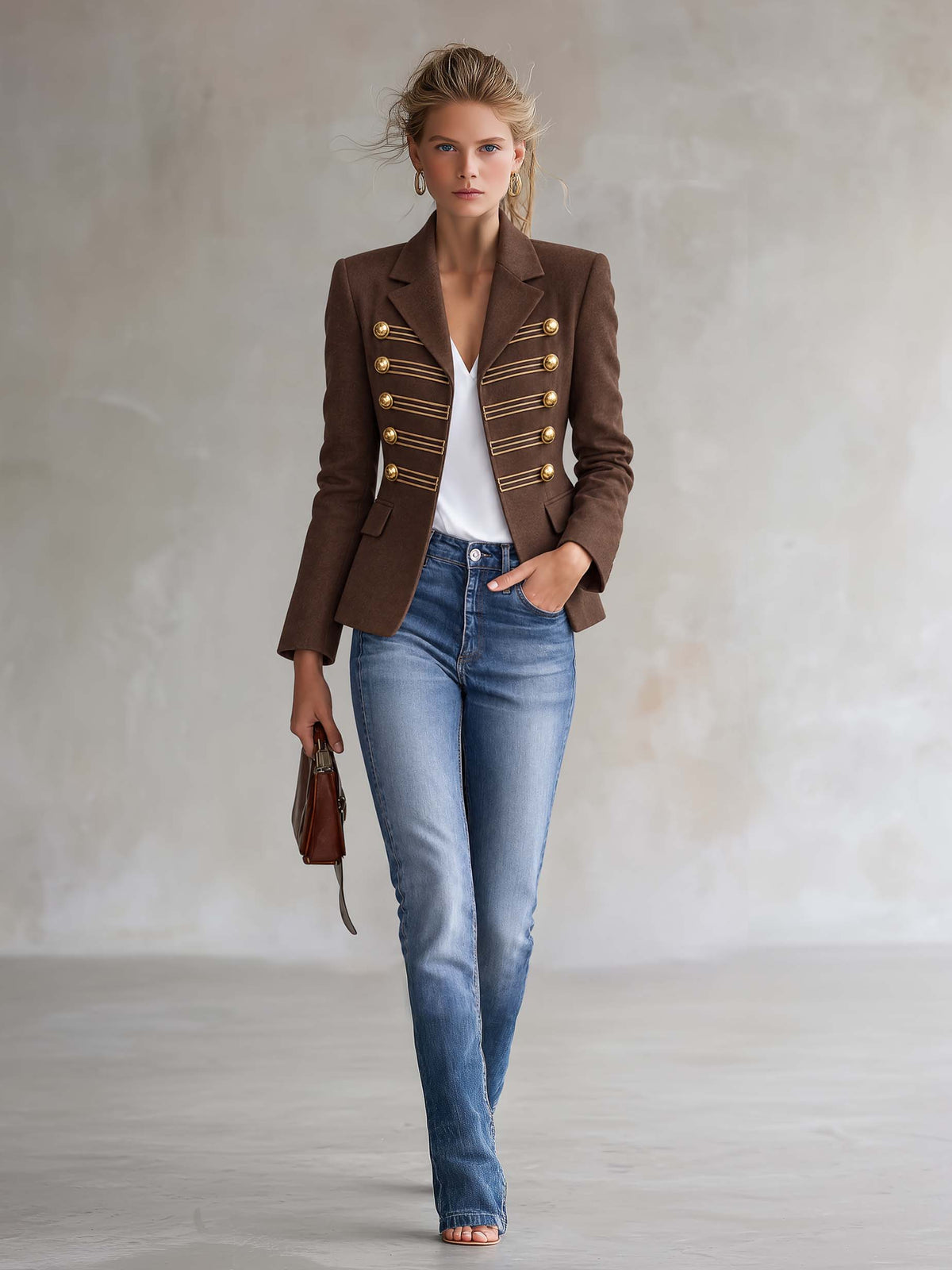 Vintage Military Brown Blazer Jacket Women Gold Button Braid Trim Notch Lapel