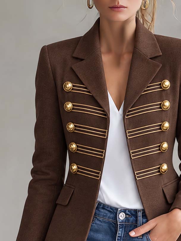 Vintage Military Brown Blazer Jacket Women Gold Button Braid Trim Notch Lapel