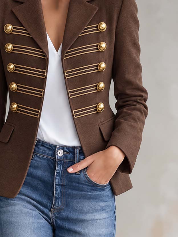 Vintage Military Brown Blazer Jacket Women Gold Button Braid Trim Notch Lapel