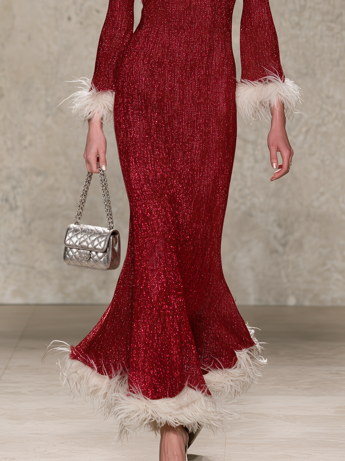 Elegant Resort-Style Knit Maxi Dress With Feather-Trimmed Flared Sleeves