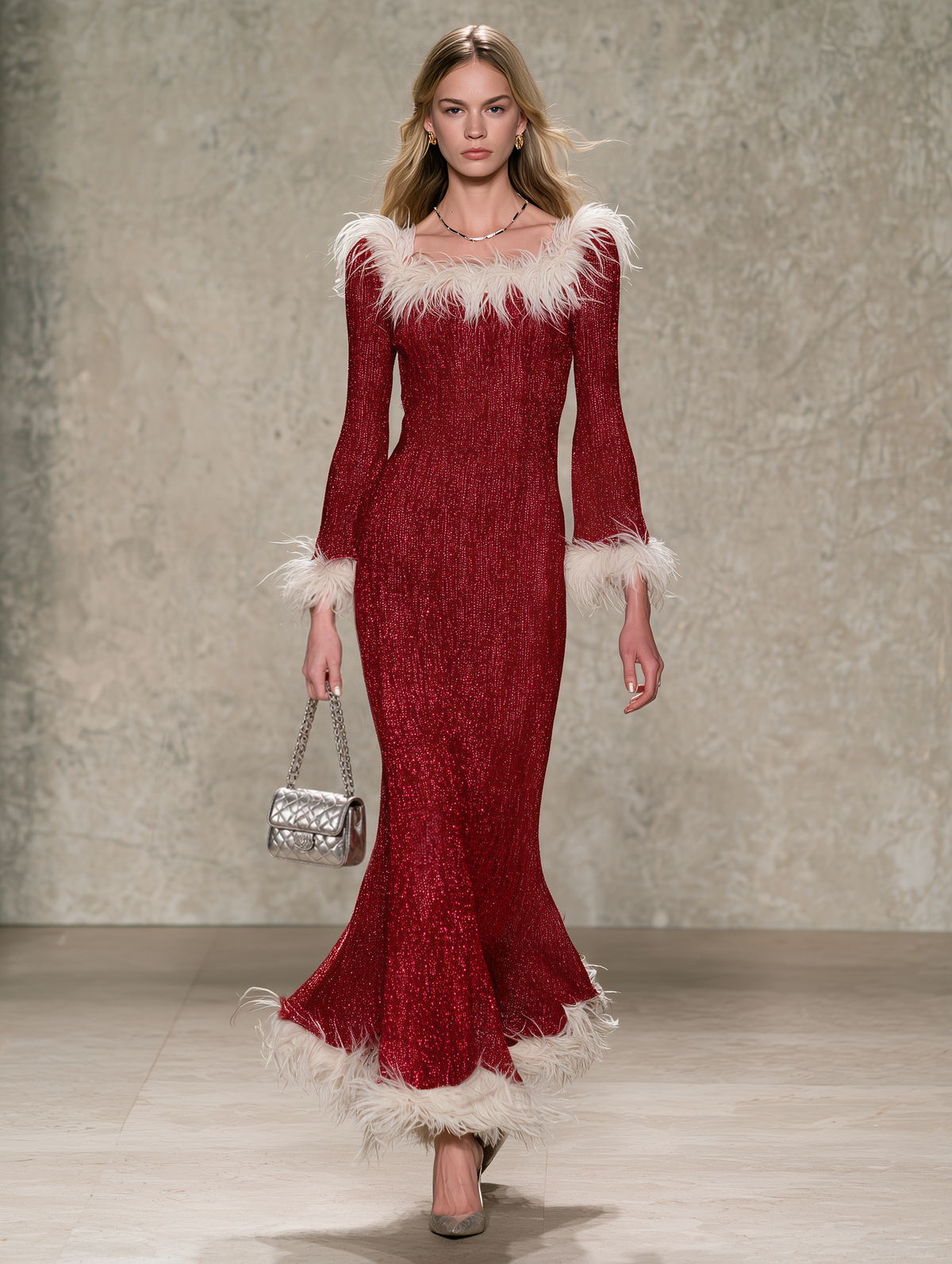 Elegant Resort-Style Knit Maxi Dress With Feather-Trimmed Flared Sleeves
