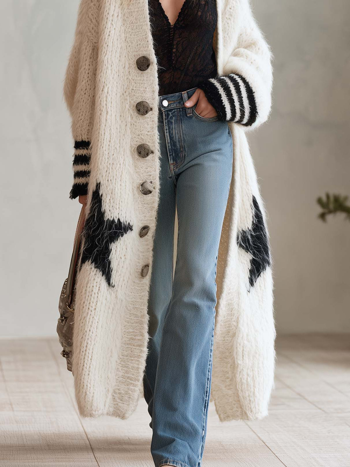 Boho Star Ivory Mohair Blend Longline Cardigan Chunky Knit Button Duster Sweater Women
