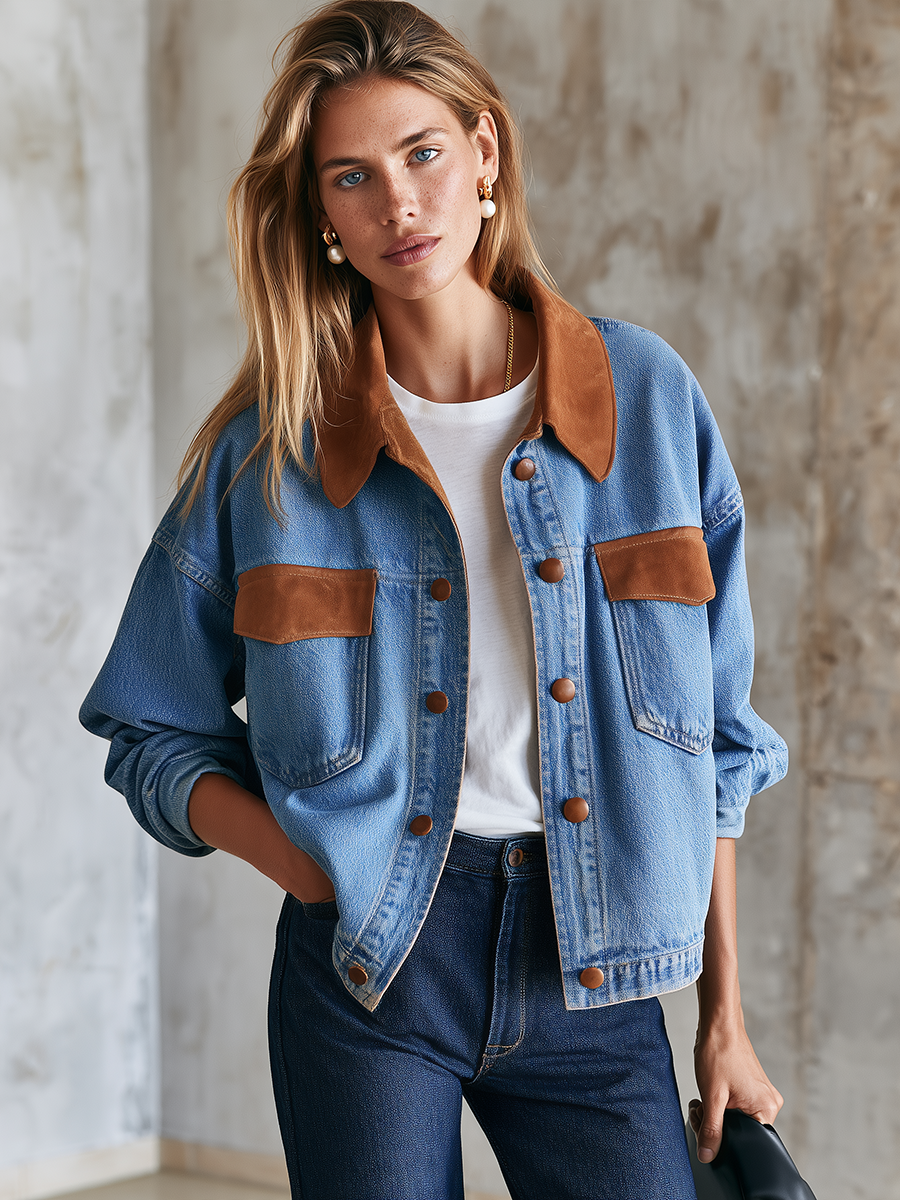 Women’s Oversized Denim Jacket With Contrast Leather-Trimmed Collar