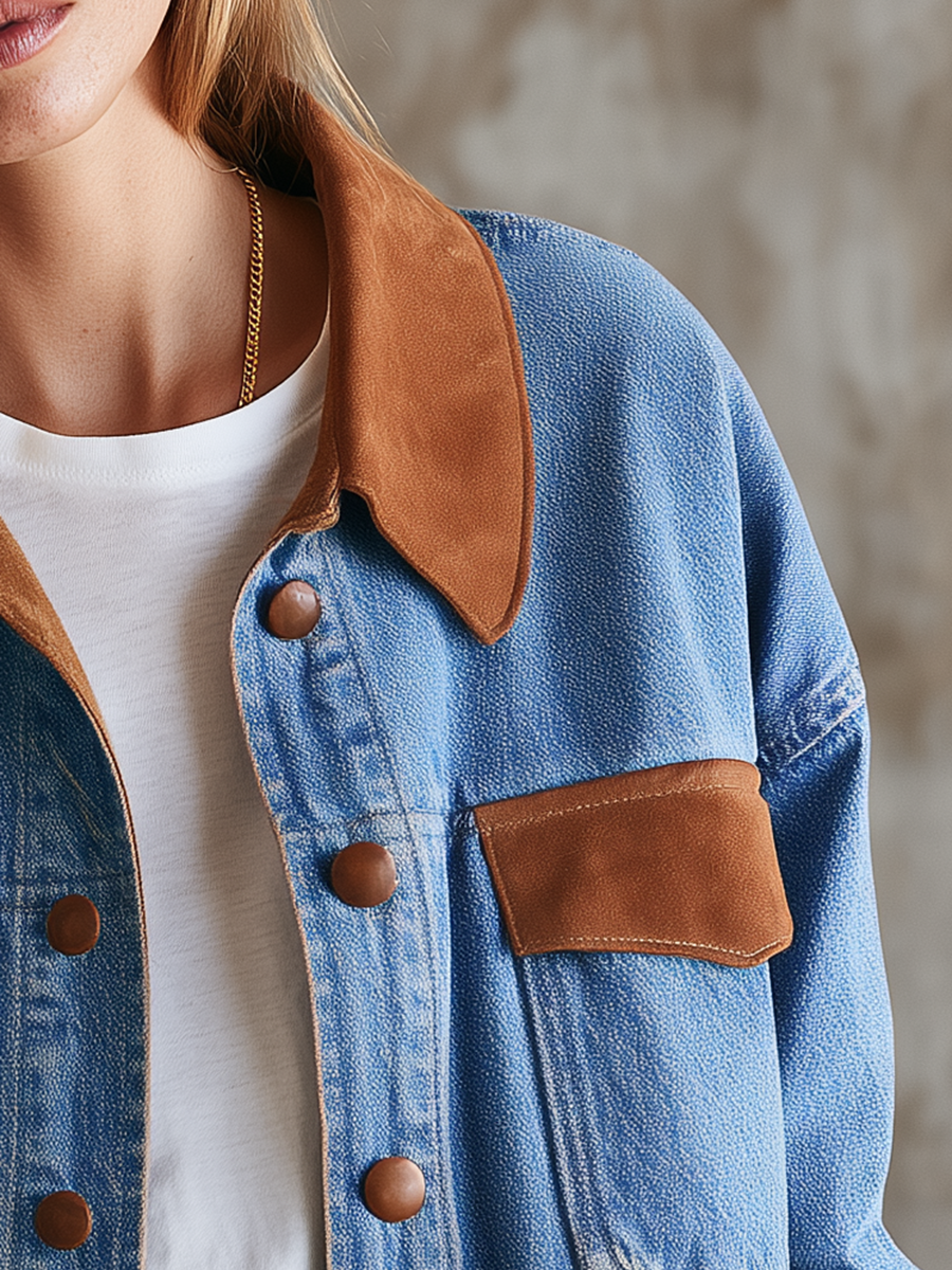 Women’s Oversized Denim Jacket With Contrast Leather-Trimmed Collar