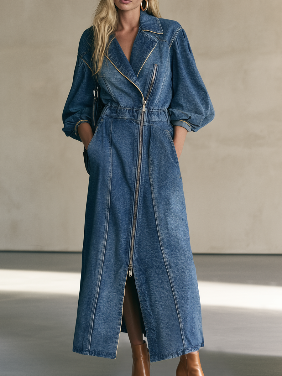 Dark Denim Maxi Coat Dress With Asymmetric Zipper And Balloon Sleeves