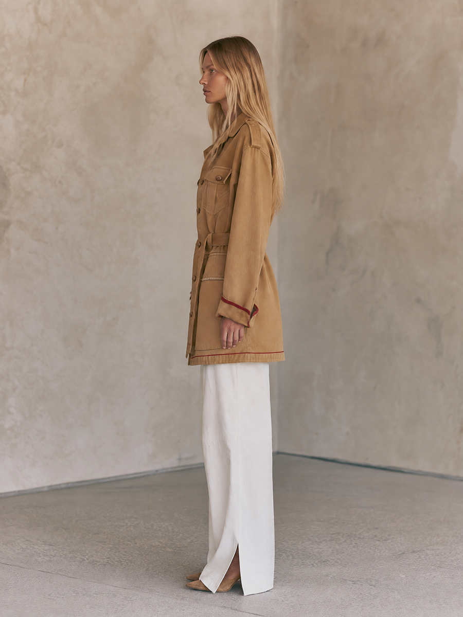 Camel Belted Utility Jacket With Safari Pockets And Epaulettes