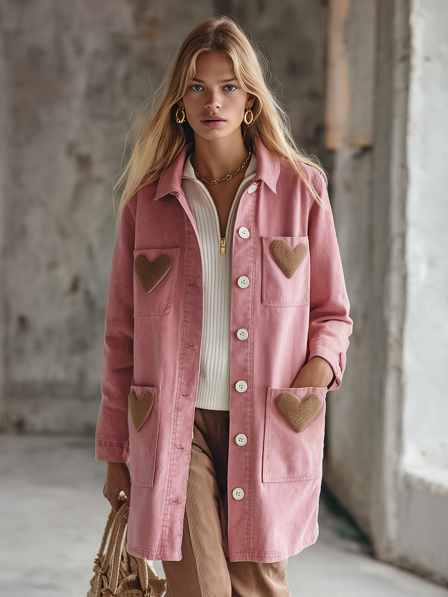 Women’s Pink Heart Patch Utility Chore Coat With Four Pockets