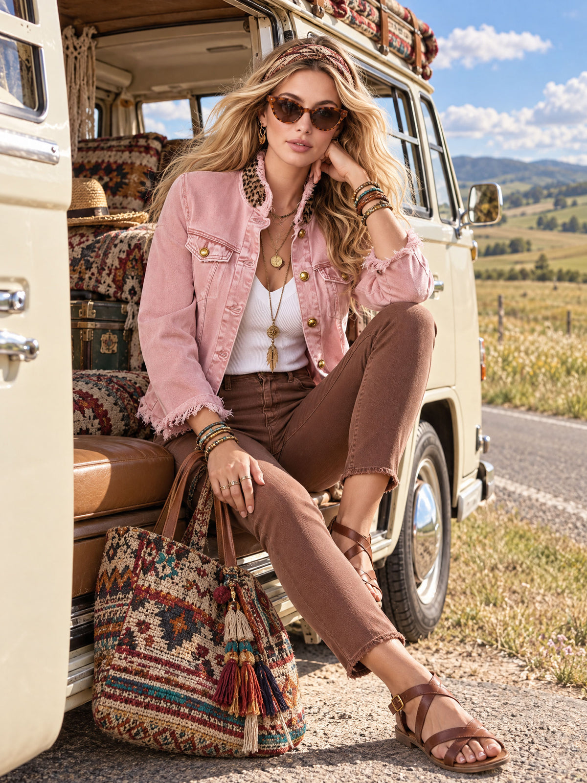 Casual Retro Faux Suede Leopard Print Frayed Pink Denim Jacket