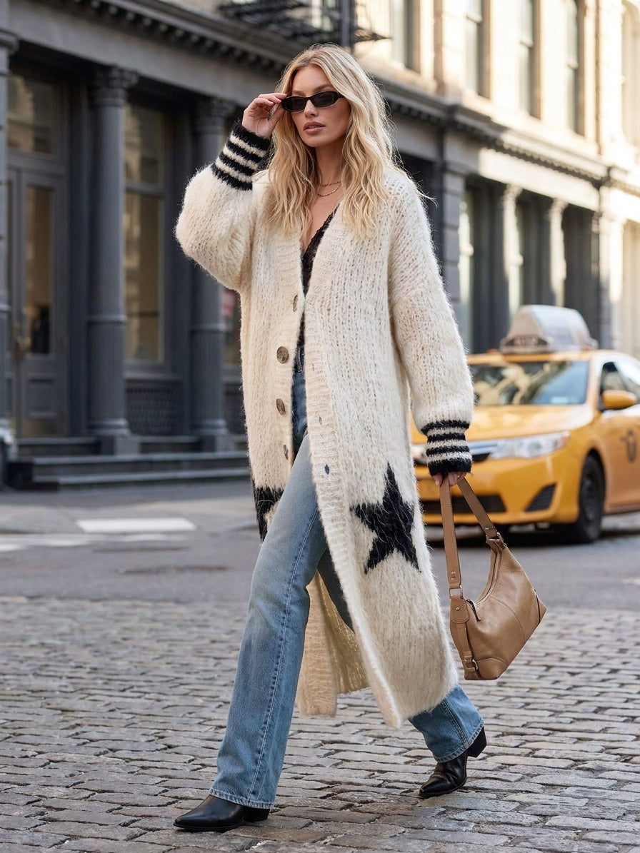 Boho Star Ivory Mohair Blend Longline Cardigan Chunky Knit Button Duster Sweater Women