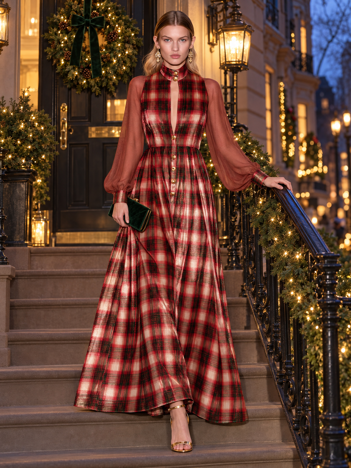 Victorian Vintage Red Plaid Velvet Maxi Dress Sheer Chiffon Sleeve Button Front