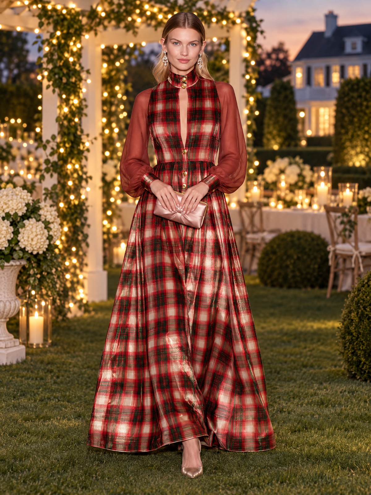 Victorian Vintage Red Plaid Velvet Maxi Dress Sheer Chiffon Sleeve Button Front