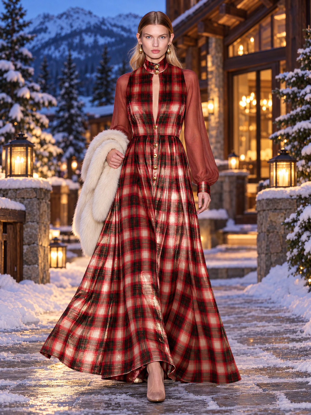 Victorian Vintage Red Plaid Velvet Maxi Dress Sheer Chiffon Sleeve Button Front