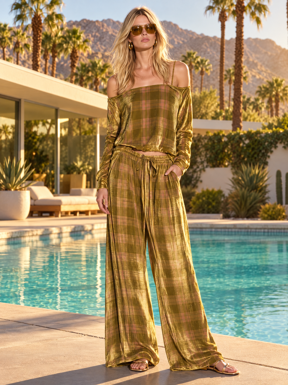 Boho Luxe Golden-olive Plaid Velvet Off Shoulder Top Wide Leg Pants Set