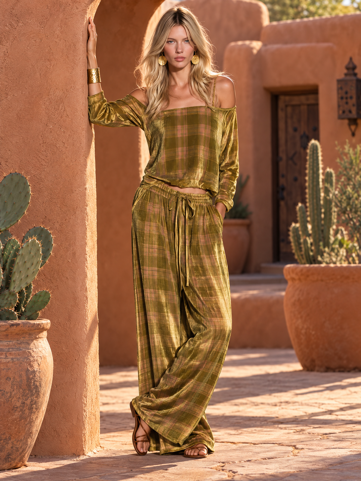Boho Luxe Golden-olive Plaid Velvet Off Shoulder Top Wide Leg Pants Set