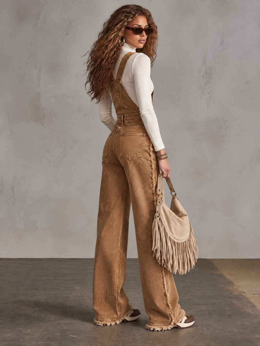 Vintage-style Frayed Wide-leg Distressed Washed Brown Denim Overalls