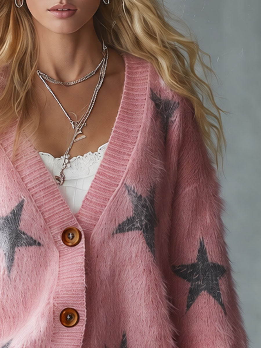 Casual Retro Color-blocked Star Pink Knit Cardigan