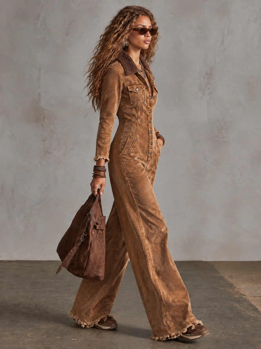 Western Retro Fleece Collar Long Sleeve Wide Leg Frayed Brown Denim Jumpsuit