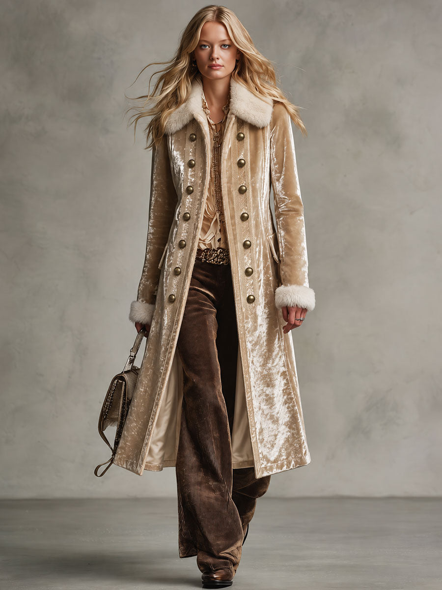 Retro Elegant Champagne Velvet Faux Fur-Trimmed Double-Breasted Long Coat