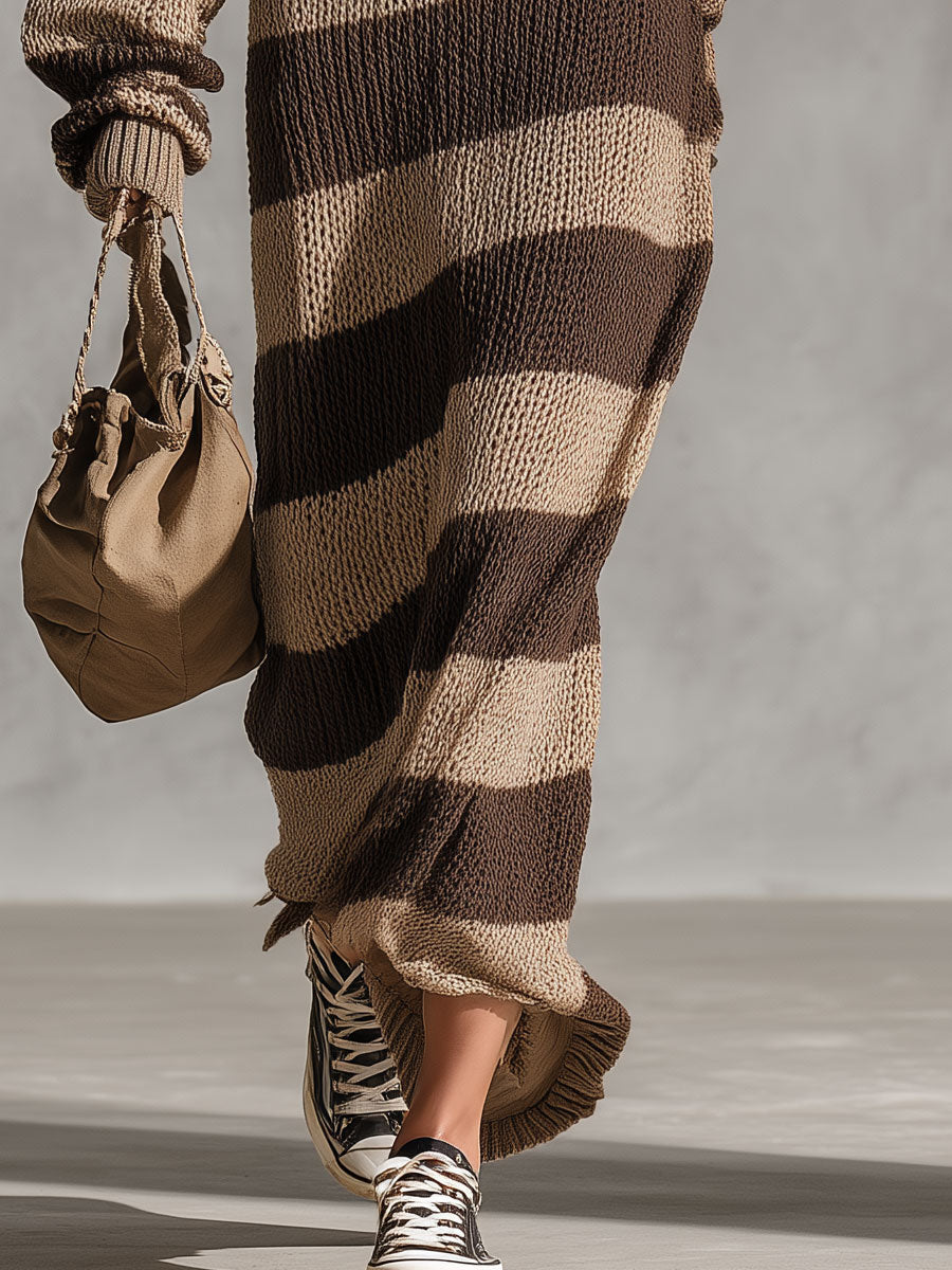 Retro Chic Brown Striped Off-shoulder Long-sleeved Knit Maxi Dress