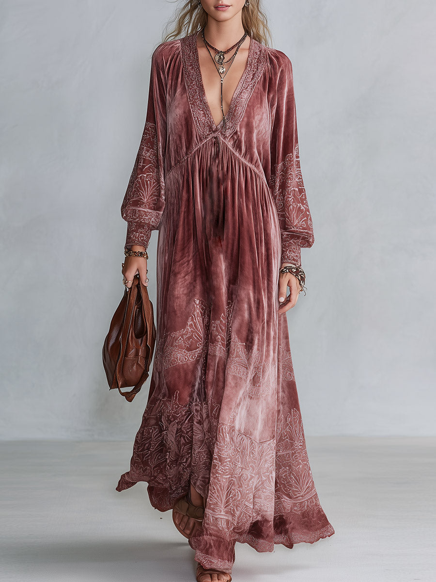 Vintage-style Dusty Pink Printed V-neck Velvet Maxi Dress