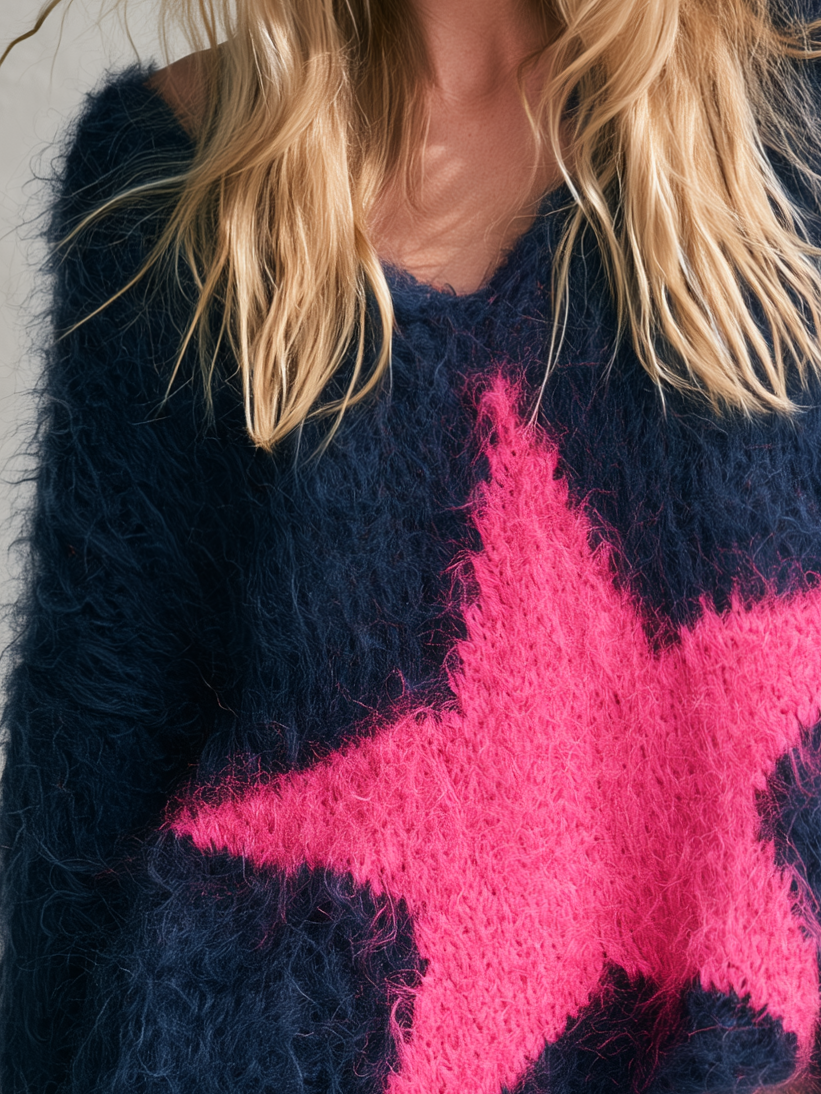 Exquisite And Elegant Western-style Color-block Star Mohair Top