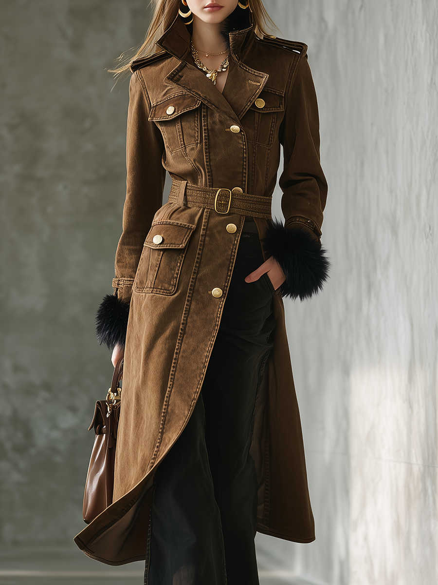 Women’s Khaki Military Jacket With Belt, Gold Buttons And Fur Cuffs