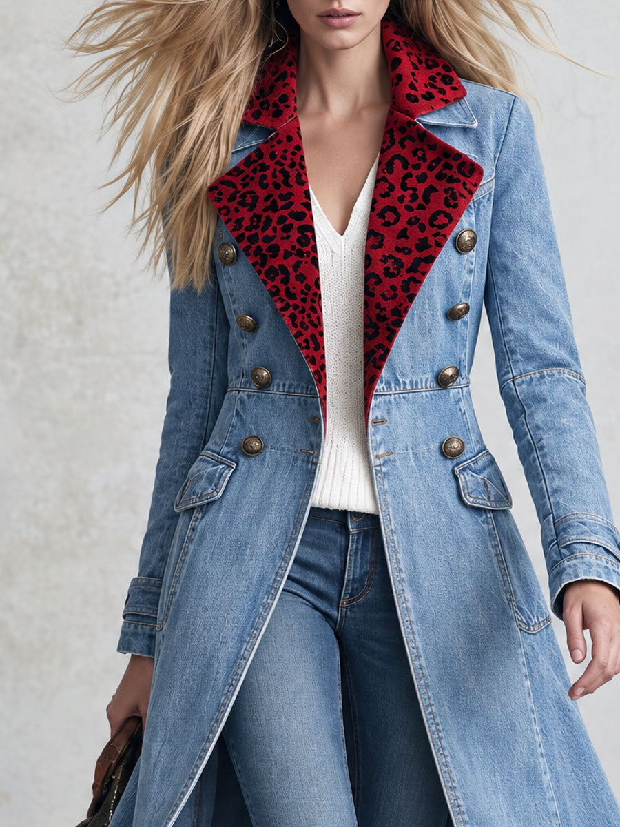 Retro Western Red Leopard-Collar Double-Breasted Denim Long Trench Coat