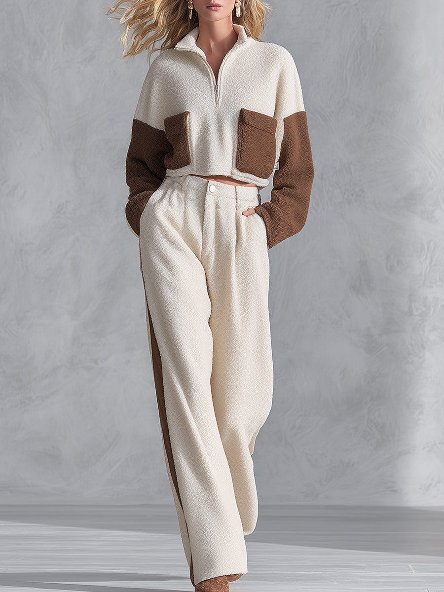 Casual & Warm Beige Color-Block Fleece Top and Wide-Leg Pants Set
