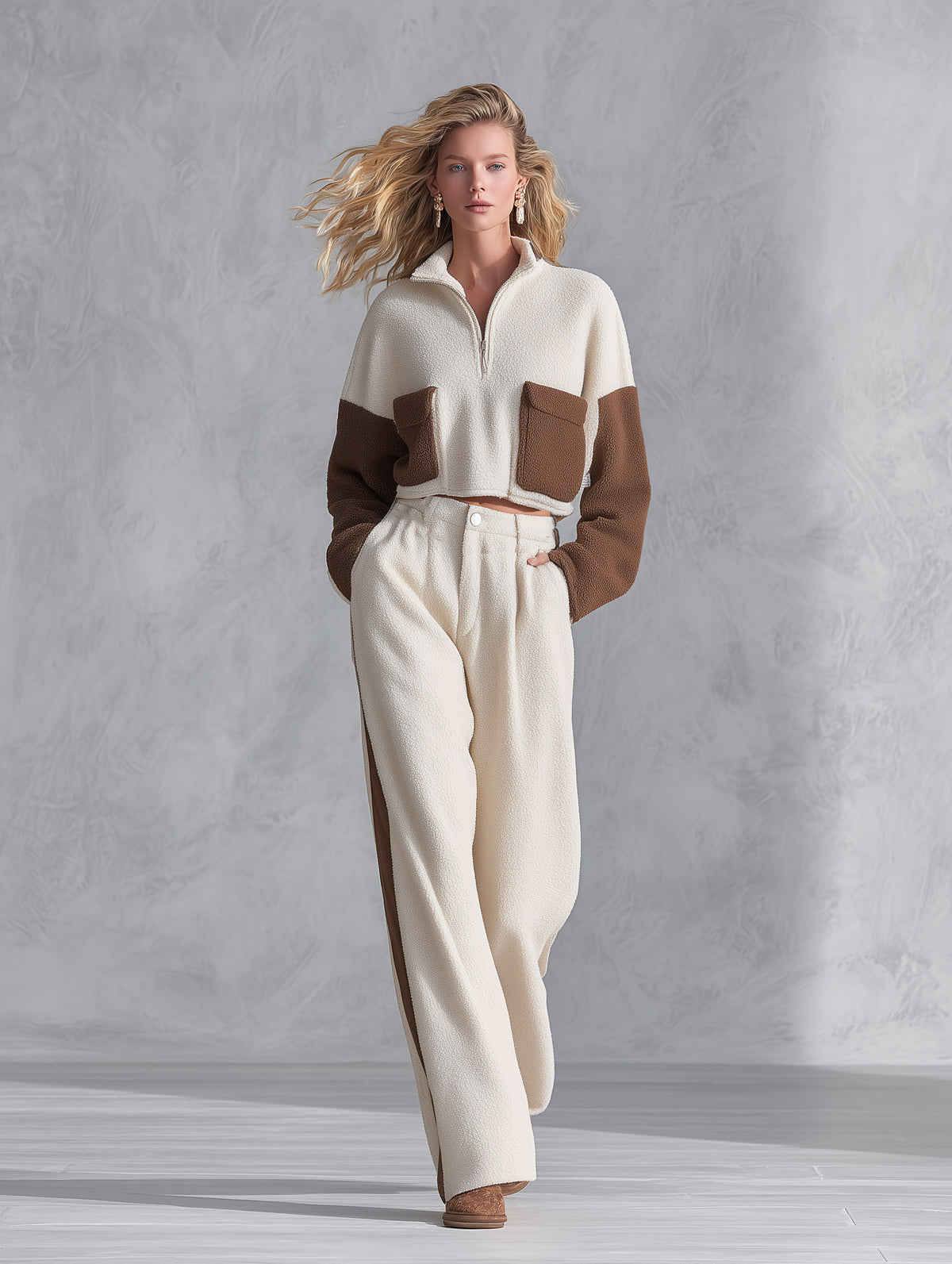 Casual & Warm Beige Color-Block Fleece Top and Wide-Leg Pants Set
