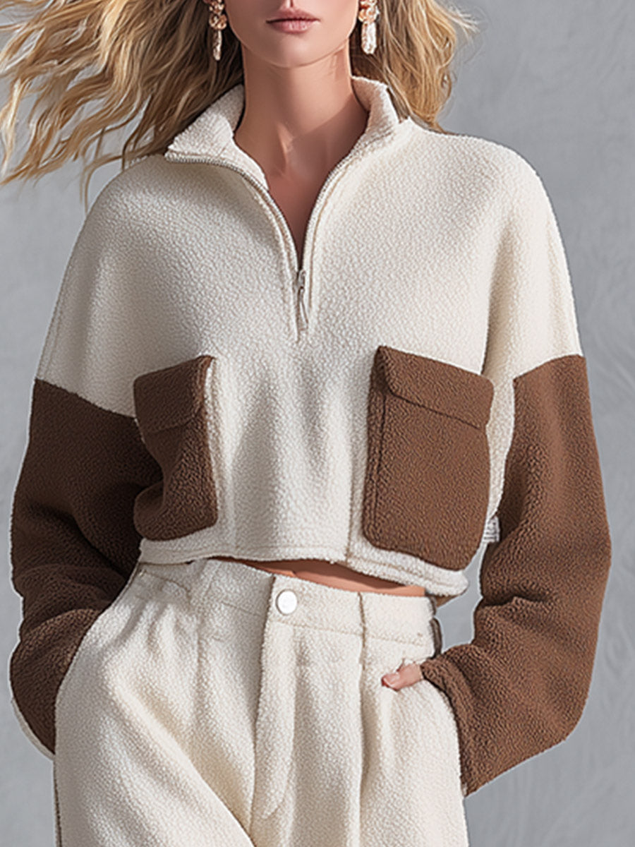 Casual & Warm Beige Color-Block Fleece Top and Wide-Leg Pants Set