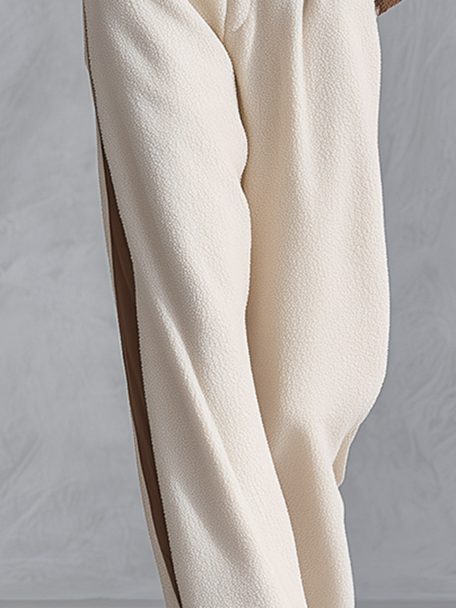 Casual & Warm Beige Color-Block Fleece Top and Wide-Leg Pants Set