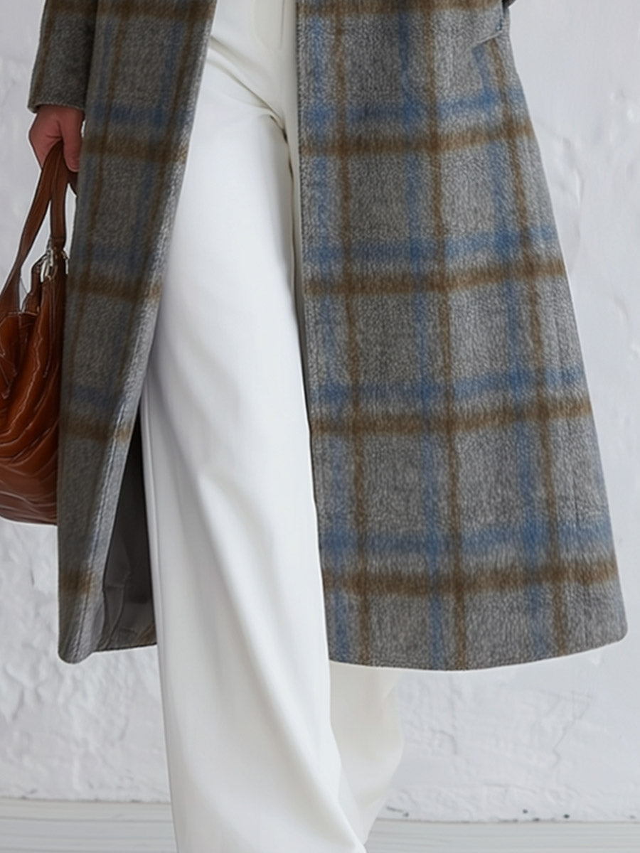 Vintage-style Elegant Blue-grey Plaid Double-breasted Coat