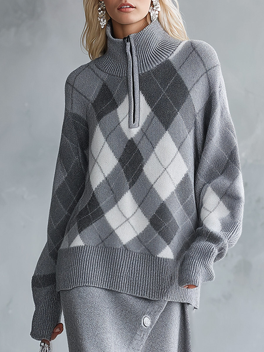 Premium Grey Mock-neck Plaid Sweater And Solid-color Slit Midi Skirt Set