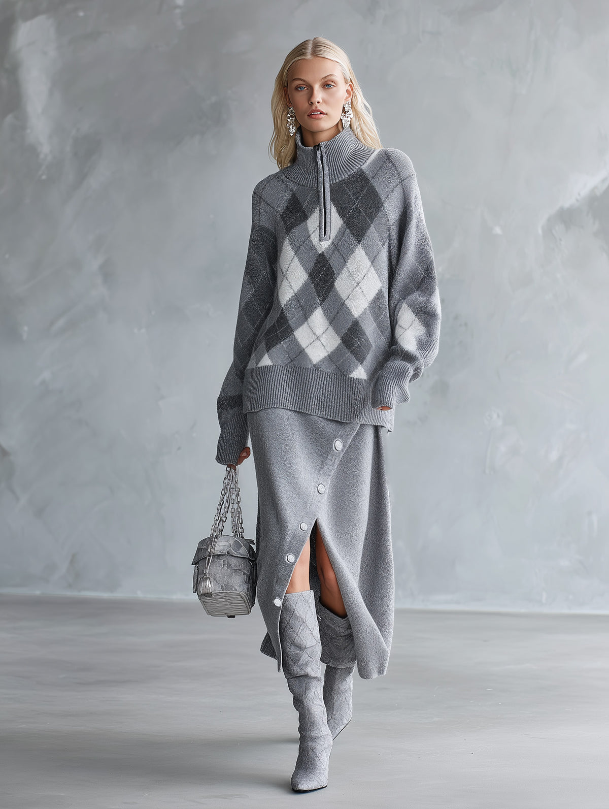 Premium Grey Mock-neck Plaid Sweater And Solid-color Slit Midi Skirt Set
