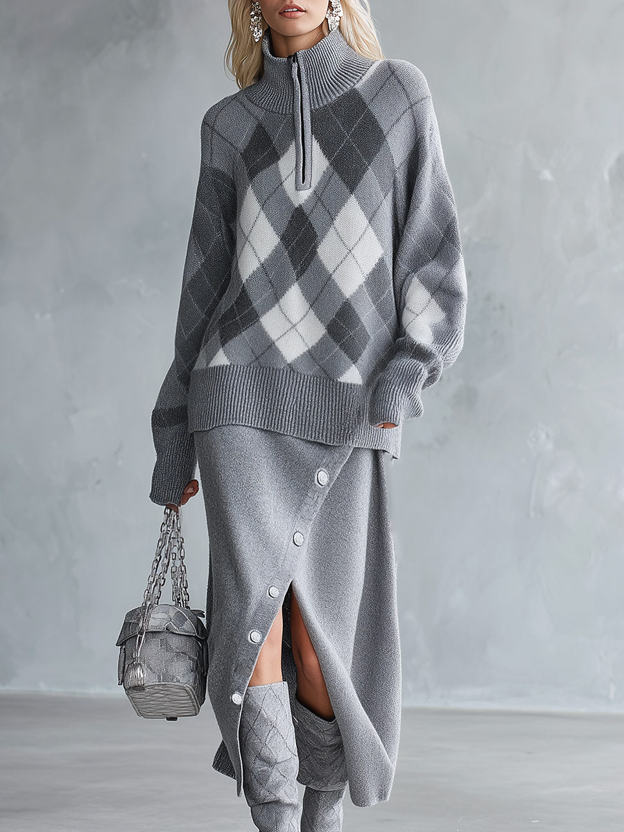 Premium Grey Mock-neck Plaid Sweater And Solid-color Slit Midi Skirt Set