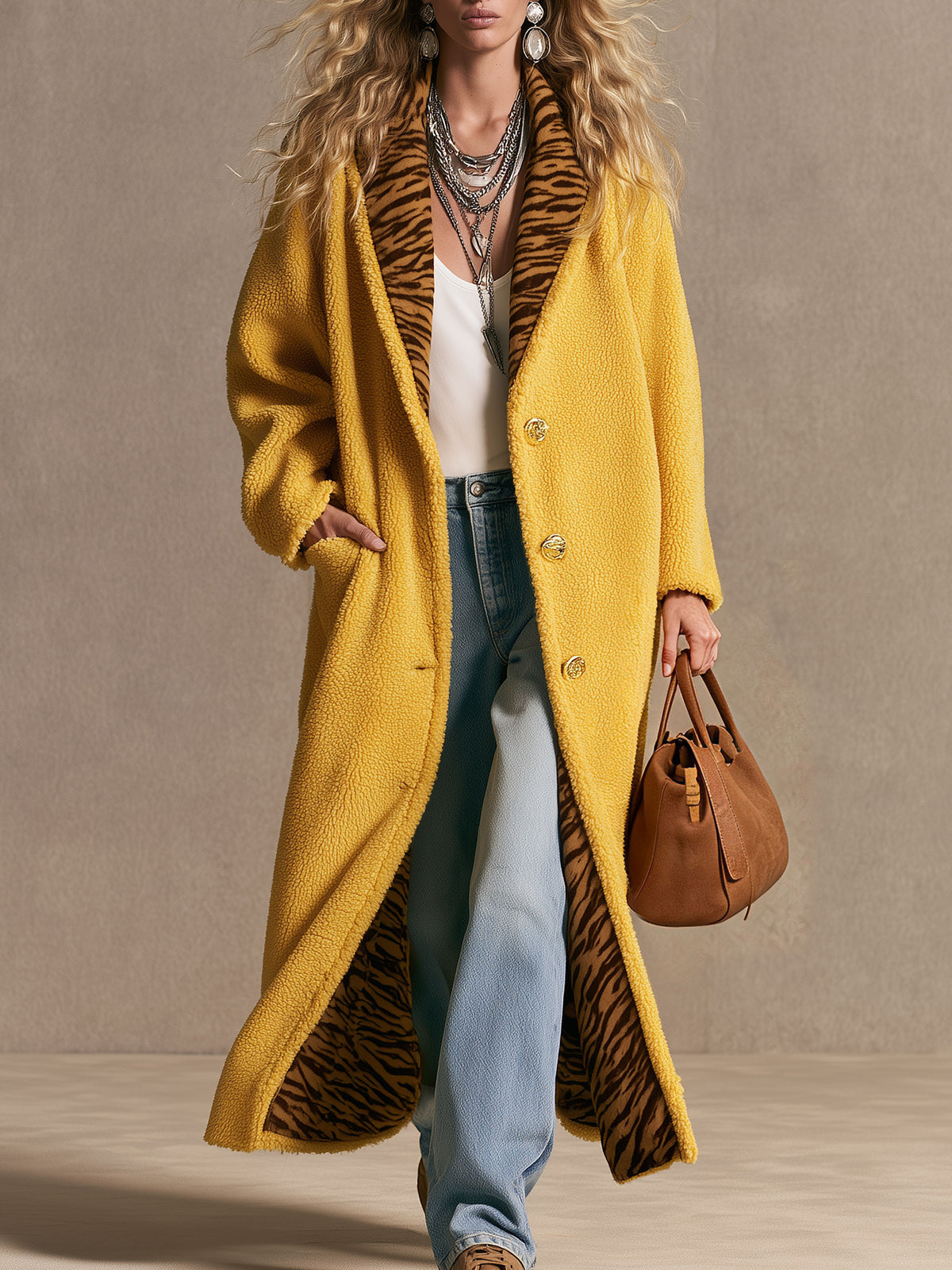 Stylish Retro Zebra Print Yellow Fleece Long Coat