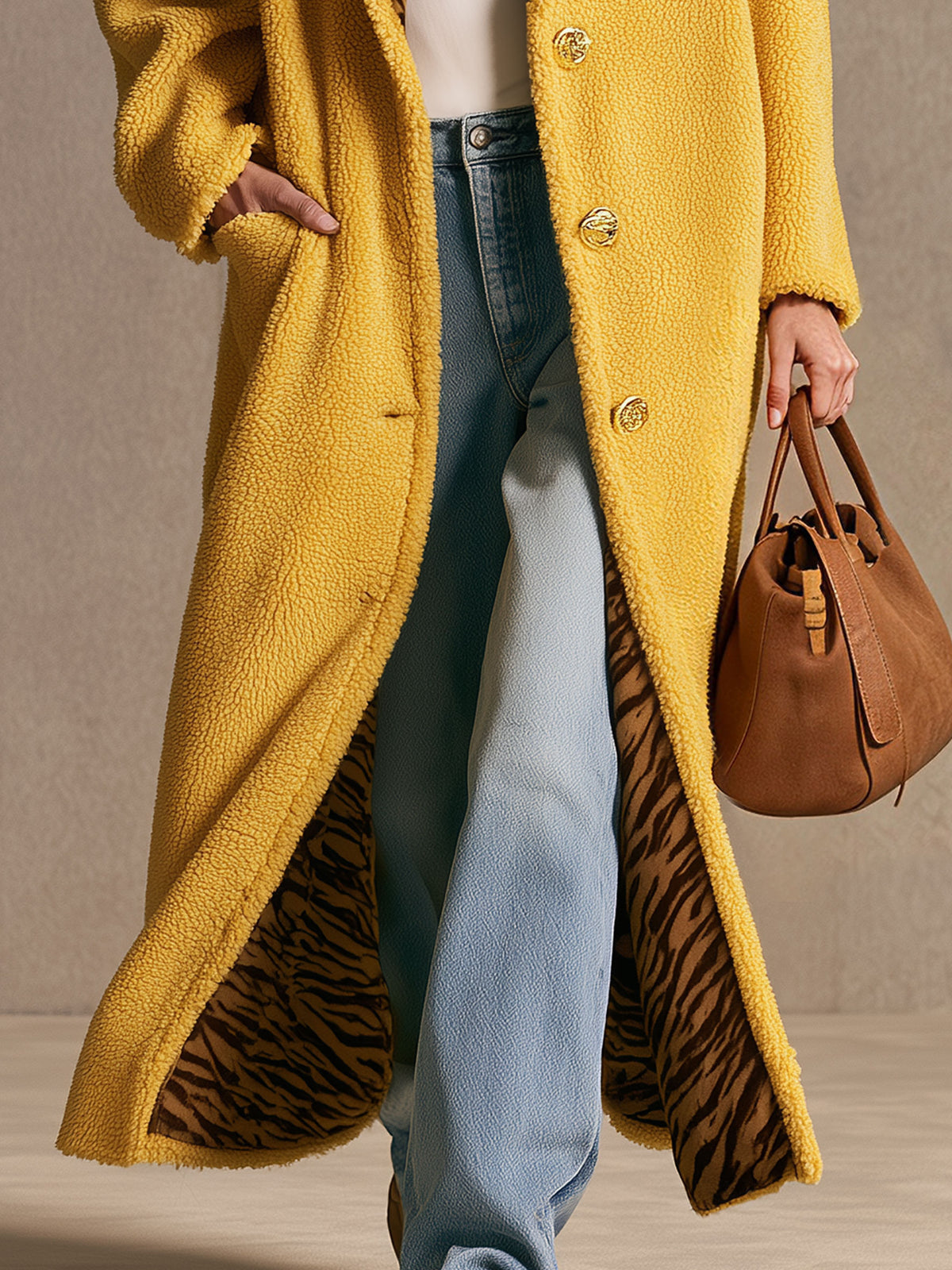 Stylish Retro Zebra Print Yellow Fleece Long Coat