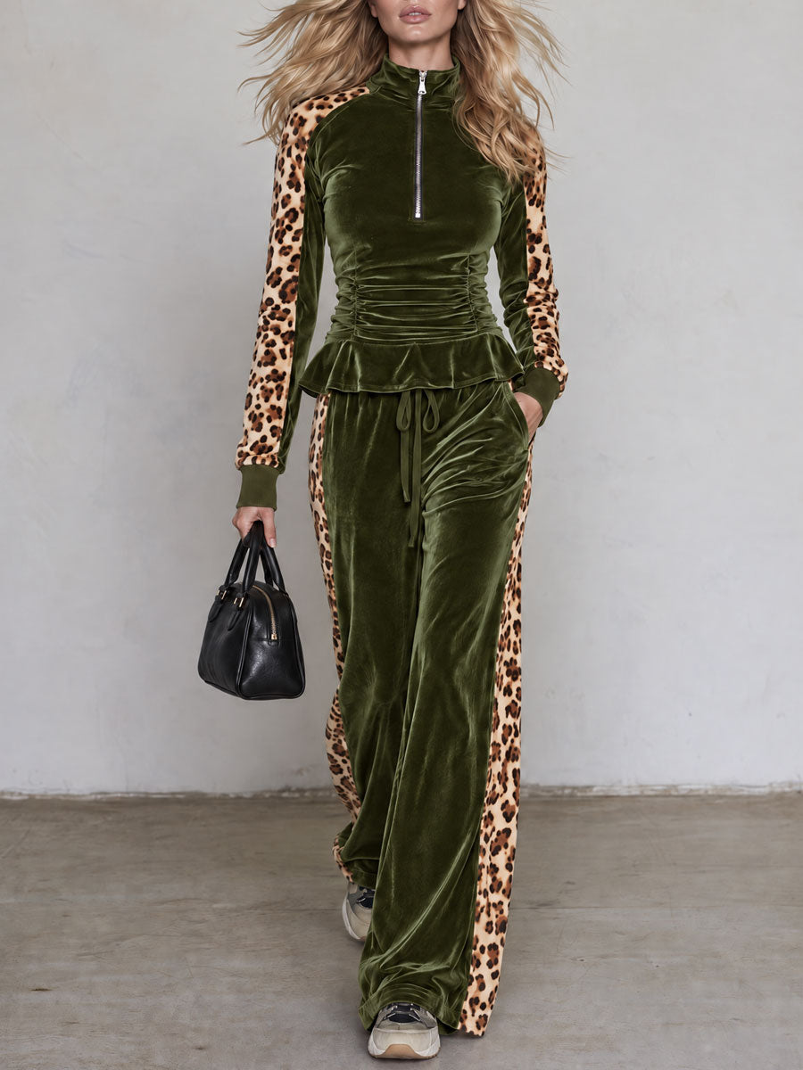 Retro Color-blocked Leopard Print Trim Green Velvet Ruffle Top And Pants Set